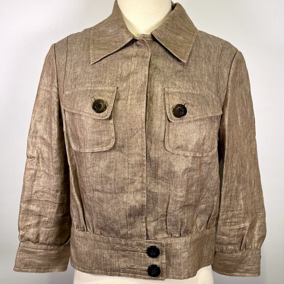 Per Se Women’s Cropped Linen Metallic Jacket Tan Shimmer Blazer Size 6 Safari - Picture 2 of 8